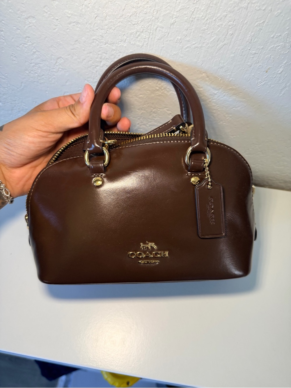 Coach Dark Brown Leather Dome Satchel with Gold Hardware